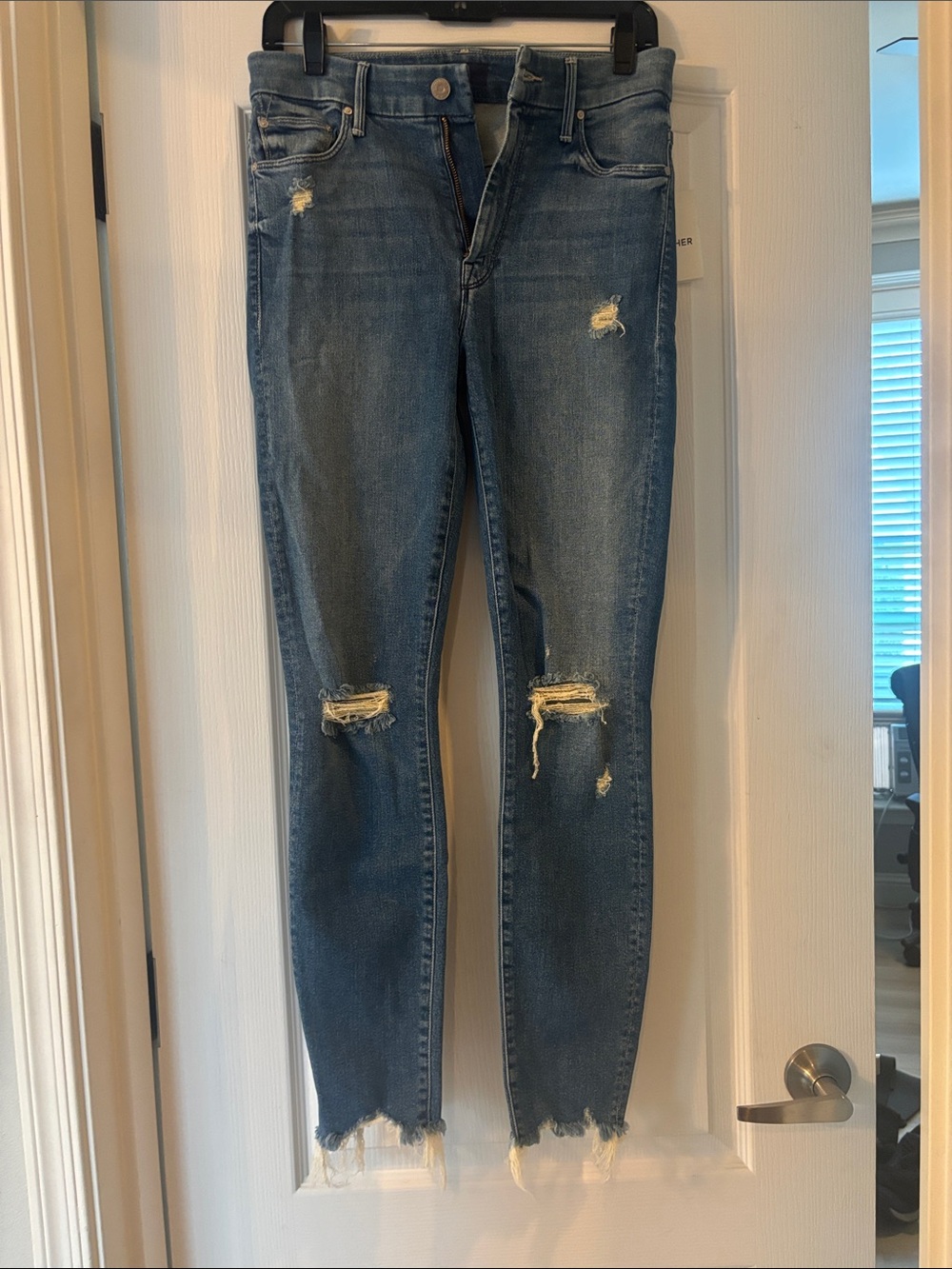 MOTHER Distressed Dark Blue Skinny Jeans, High Waisted Looker Ankle Chew
